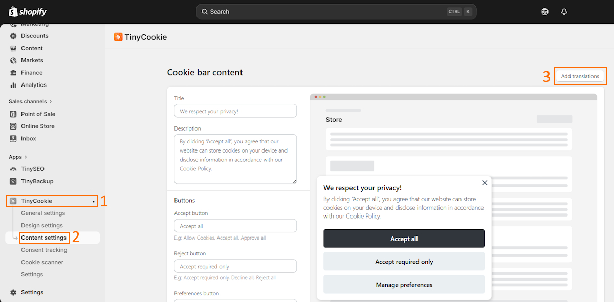 TinyCookie add translations button