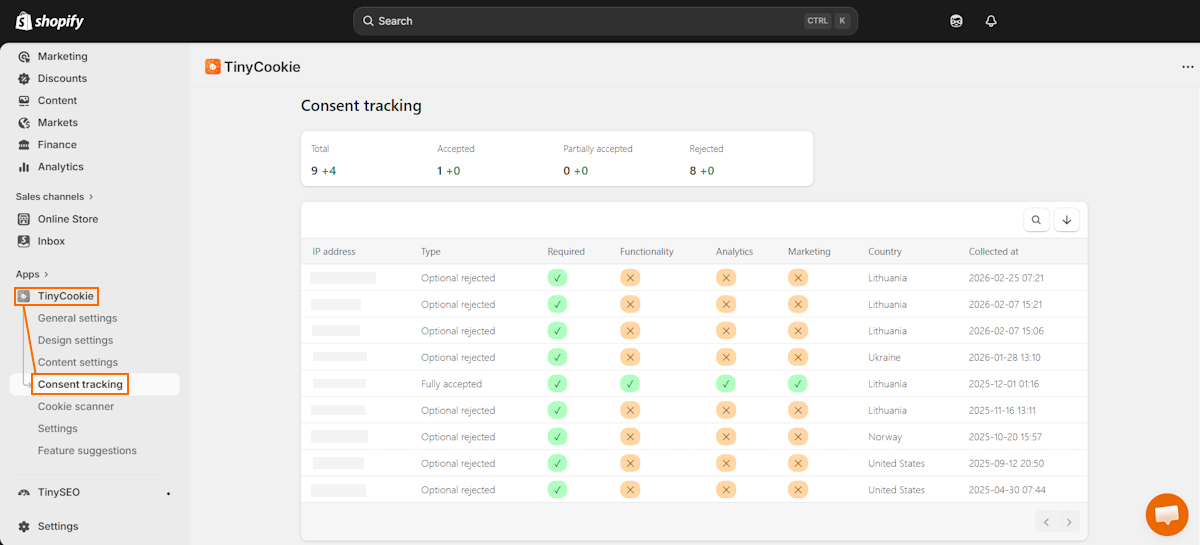 Track user consent records with TinyCookie