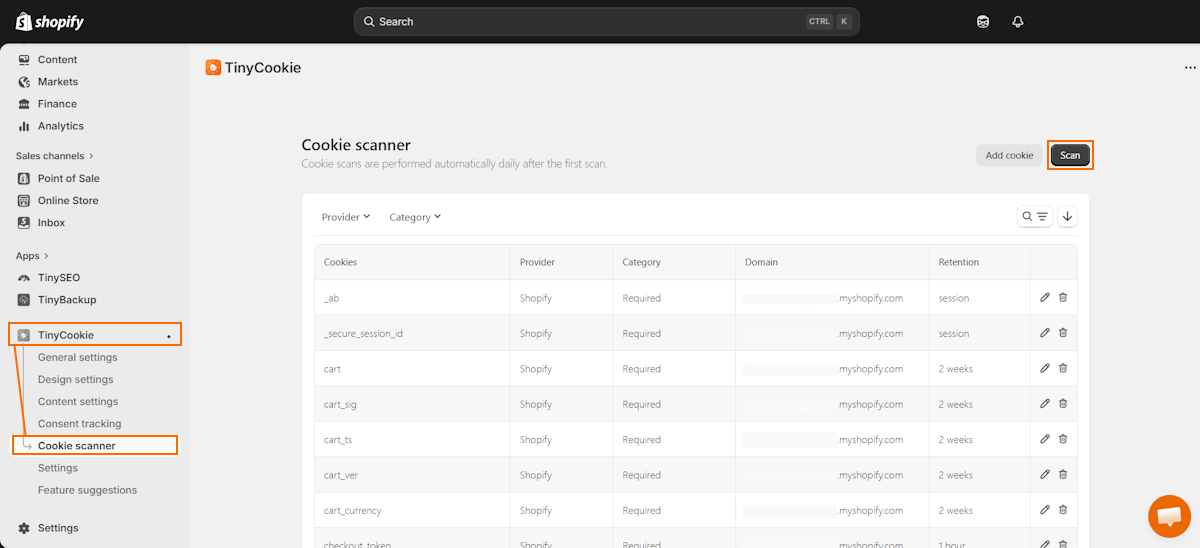 Scan cookies with TinyCookie scanner