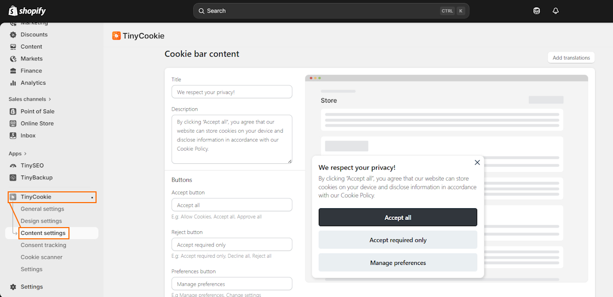 TinyCookie content settings