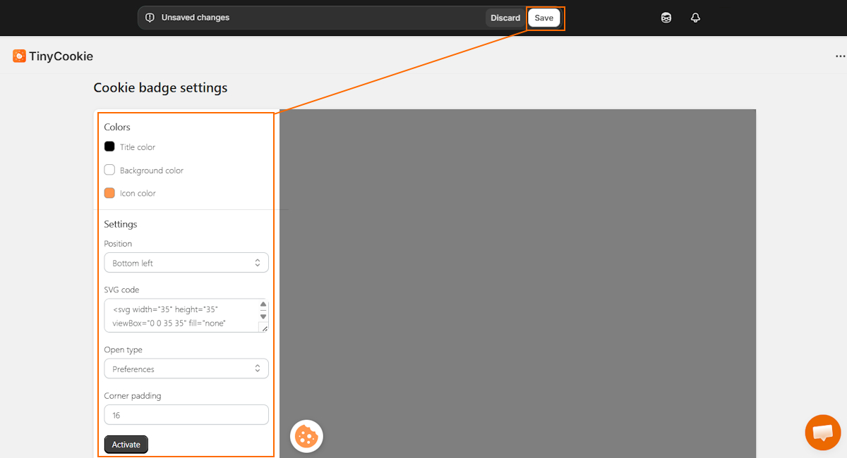 TinyCookie cookie badge settings