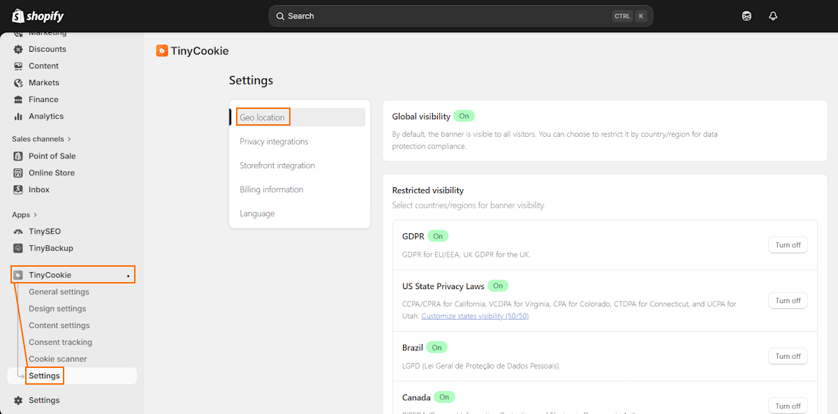 TinyCookie Geo Location settings