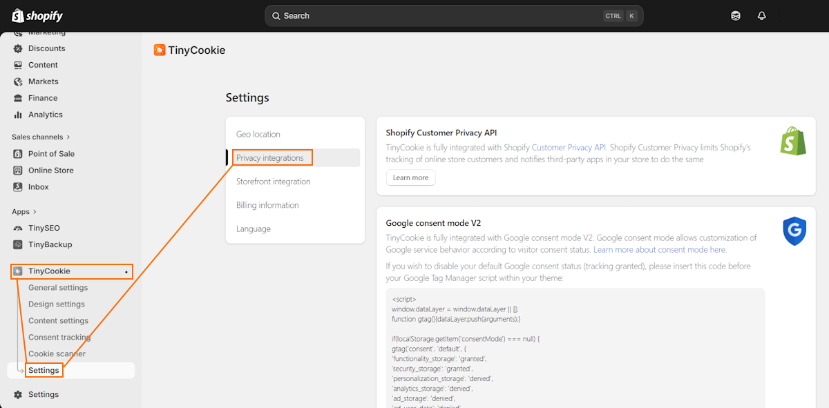 Tinycookie Privacy Integrations