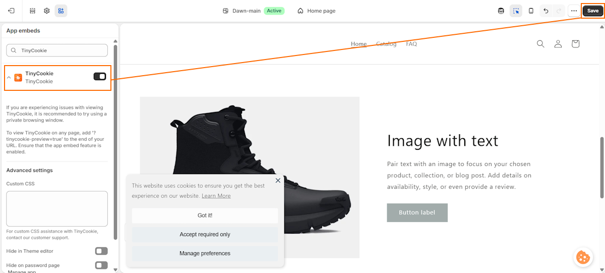 Enable TinyCookie app embed
