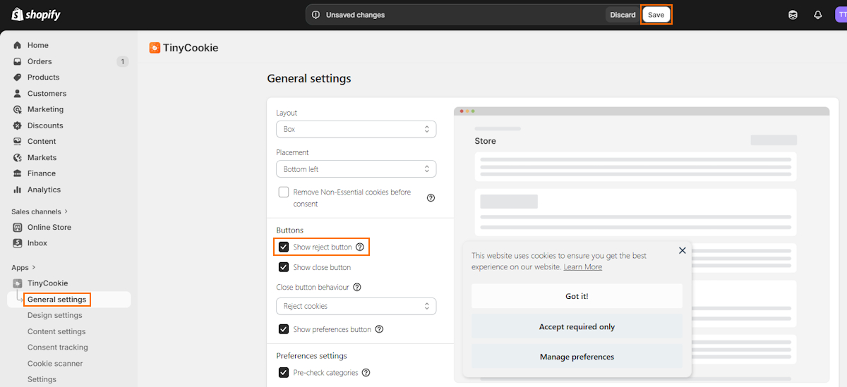 Add or remove Reject button on TinyCookie