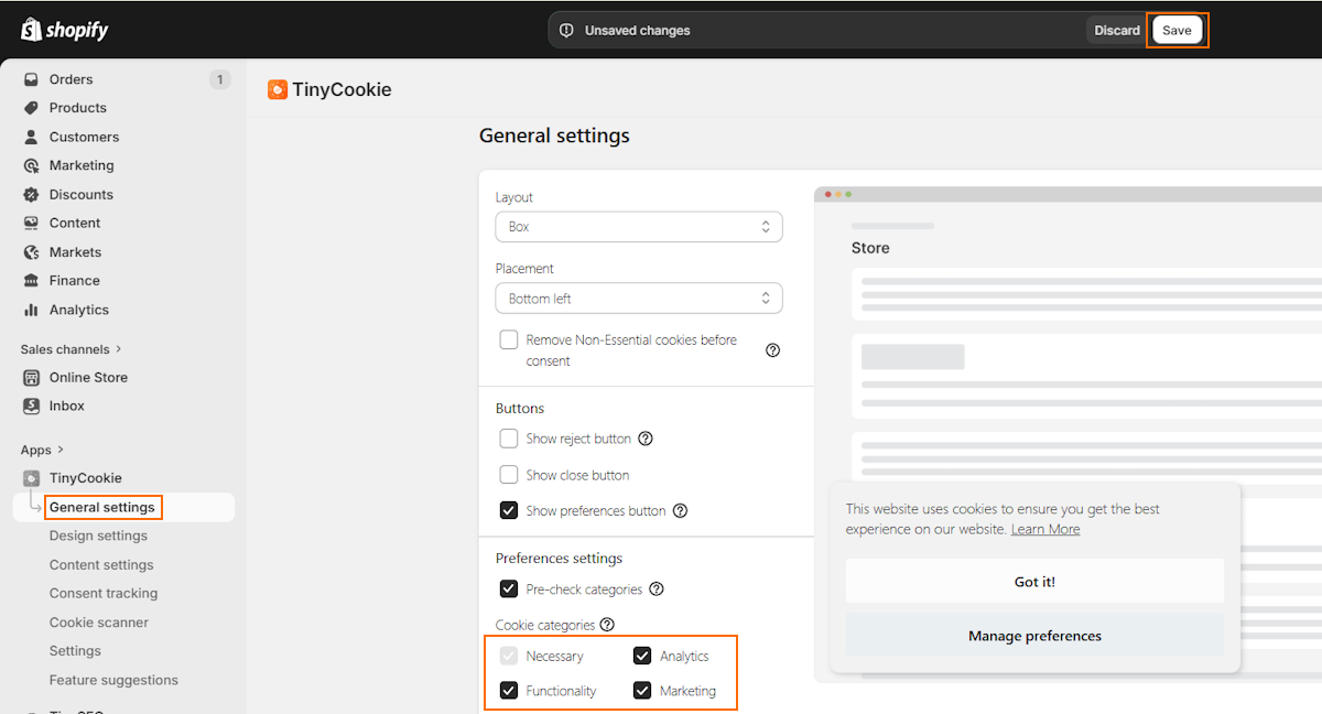 Manage cookie categories on TinyCookie