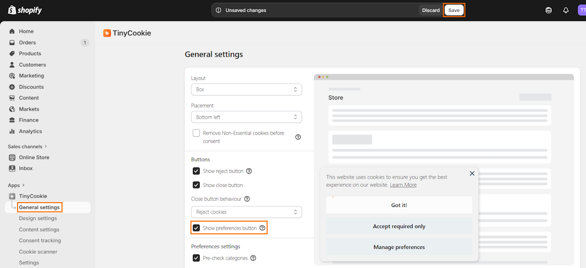 Add or remove preferences button on TinyCookie